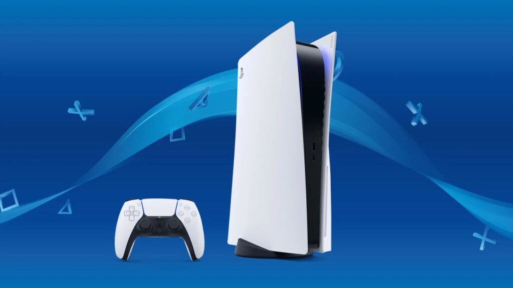 Una PS5 in verticale con al fianco un DualSense ed uno sfondo blu con i loghi PlayStation