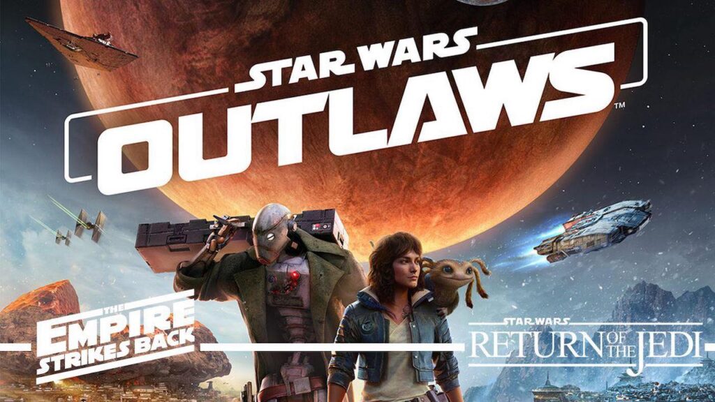 I protagonisti di Star Wars Outlaws con in basso i loghi de L'Impero colpisce ancora ed Il ritorno dello Jedi