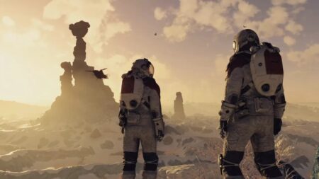 Due personaggi di Starfield che guardano l'orizzonte