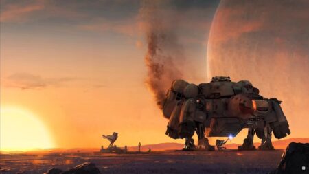 Un'astronave di Starfield con un tramonto sullo sfondo