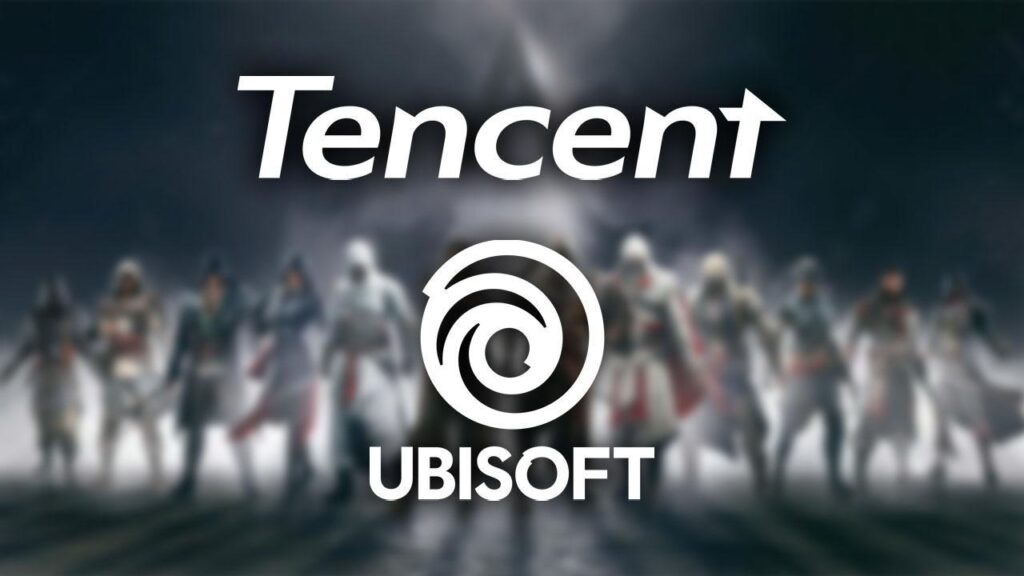 Il logo di Tencent ed Ubisoft con dietro i personaggi di Assassin's Creed