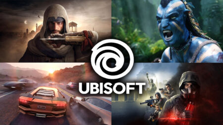 Il logo di Ubisoft con dietro dei giochi