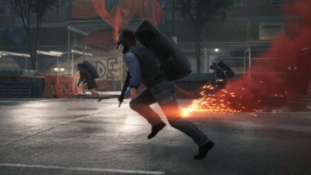 Payday 3, un aggiornamento gratuito in arrivo vede il ritorno di due furti Banda di ladri fugge con la refurtiva, corre su una strada illuminata da un flare