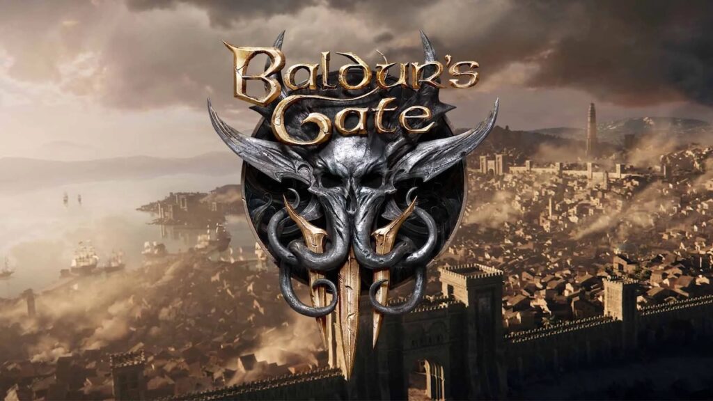Il logo di Baldur's Gate 3 in primo piano con una città sullo sfondo