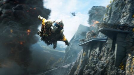 Un soldato di Battlefield che plana tra le montagne