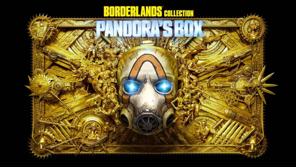 Un vaso di Pandora con la maschera ed il logo di Borderlands Collection: Pandora's Box