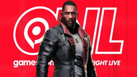 Il protagonista di Cyberpunk 2077: Phantom Liberty con dietro il logo dell'Opening Night Live