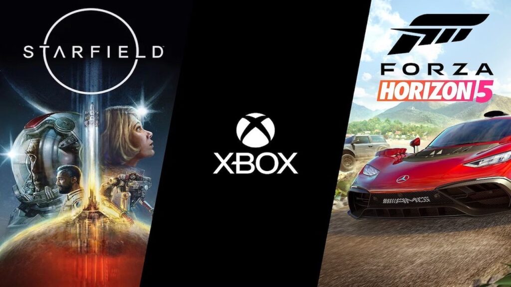Il logo di Xbox con al fianco le copertine di Starfield e Forza Horizon 5