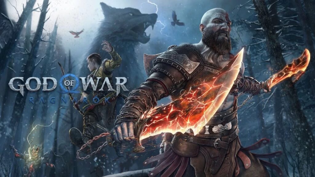 Kratos con Atreus ed il logo di God of War Ragnarok