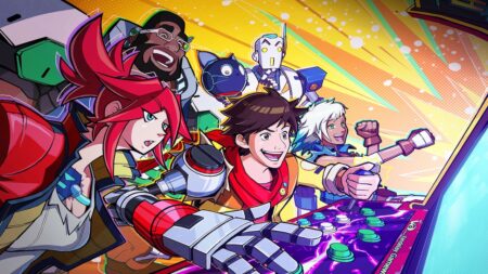 I protagonisti di Hi-Fi Rush in primo piano con uno sfondo dinamico e giallo