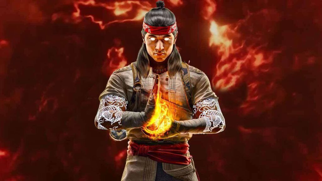 Un lottatore di Mortal Kombat 1 tra le fiamme