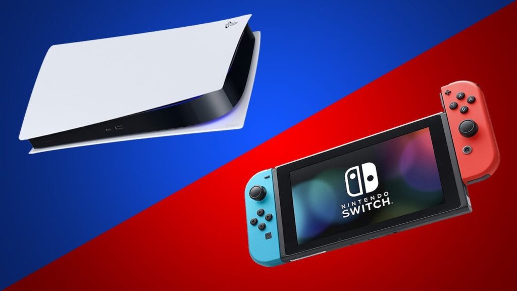 Una PS5 in alto ed una Nintendo Switch in basso