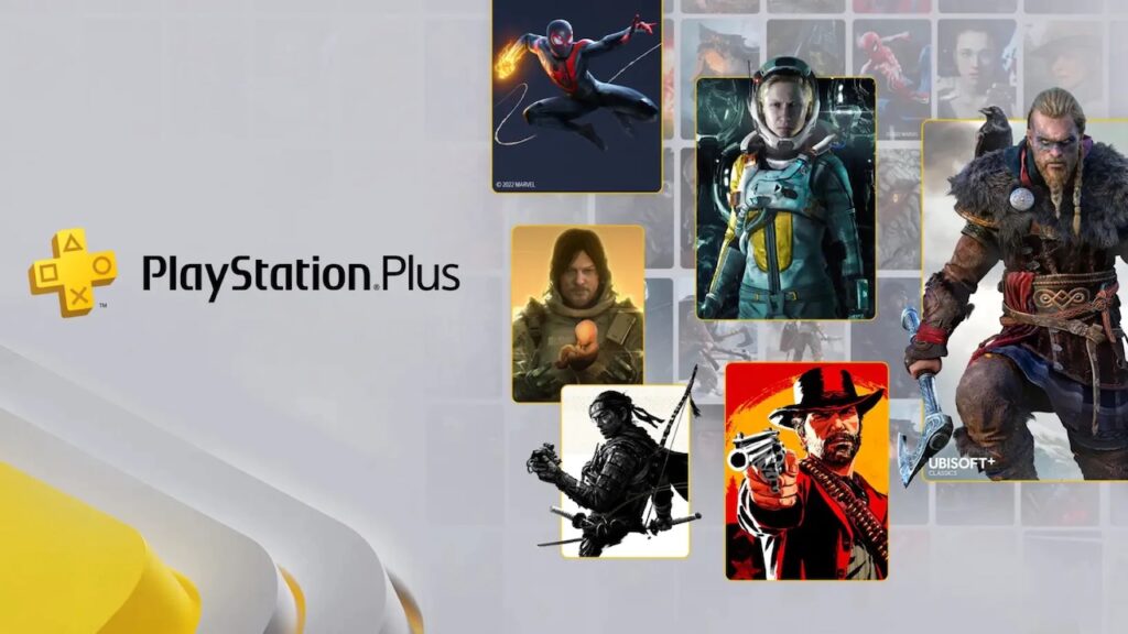Il logo di PlayStation Plus con sullo sfondo alcuni giochi