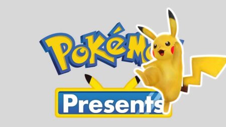 Il logo del Pokémon Presents con un Pikachu in primo piano che salta gioioso