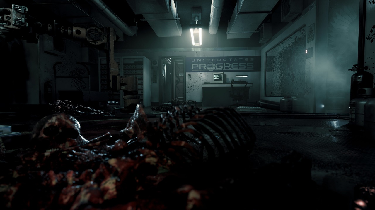 Uno dei laboratori presenti nell'Area 51. In primissimo piano, un cadavere spolpato da una delle creature presenti nel gioco.