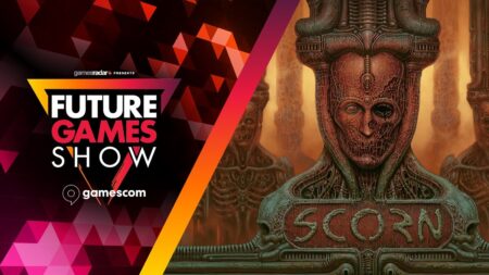 Il logo del Future Games Show con al fianco un personaggio di Scorn