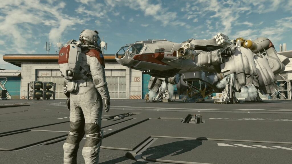 Il protagonista di Starfield con davanti un'astronave