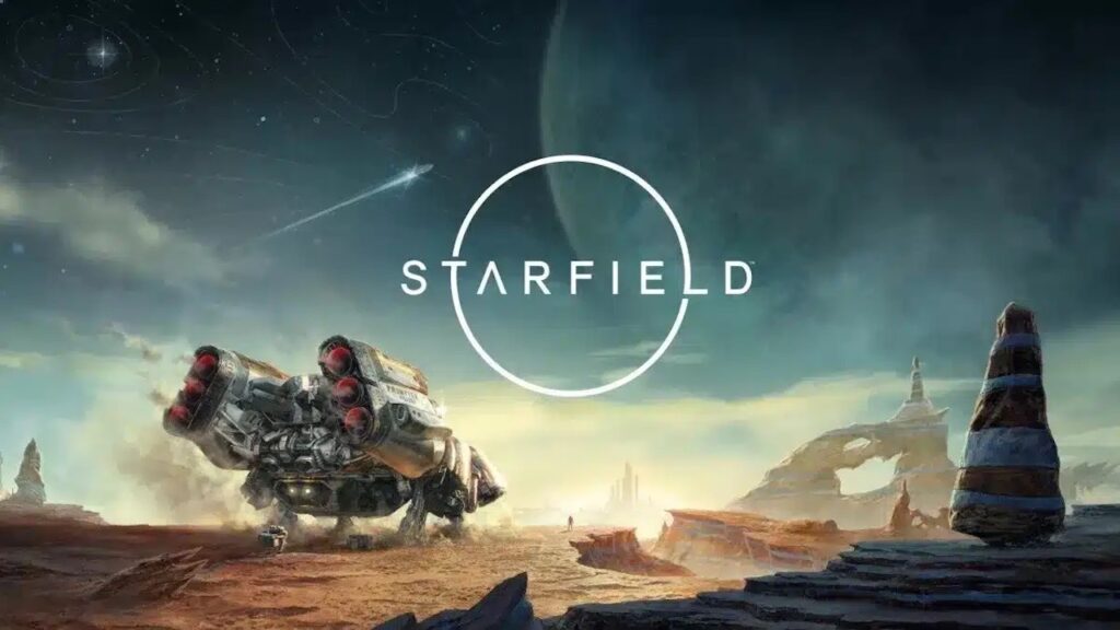 Il logo di Starfield con sullo sfondo un'astronave