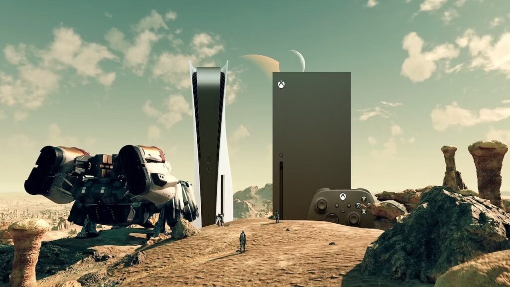 Una PS5 ed una Xbox Series X su un pianeta di Starfield