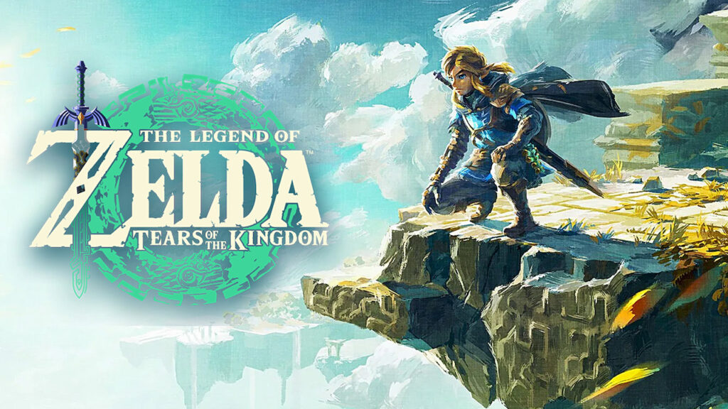 Link di The Legend of Zelda: Tears of the Kingdom su una scogliera in cielo