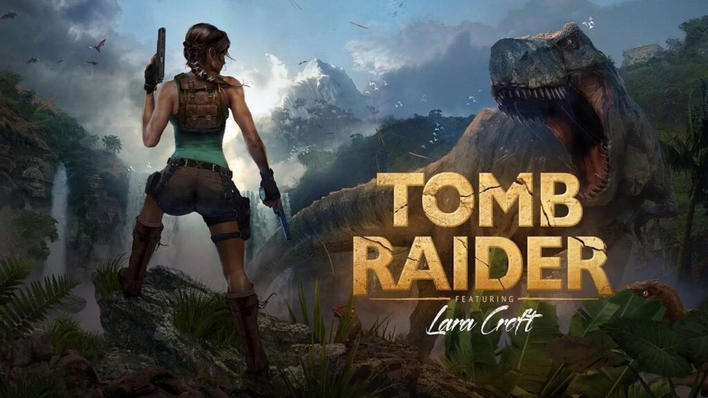 Il logo di Tomb Raider con in primo piano l'archeologa ed un dinosauro sullo sfondo