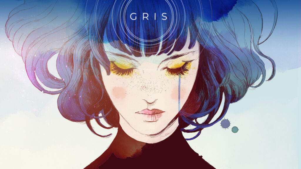 La protagonista di Gris con il logo del gioco
