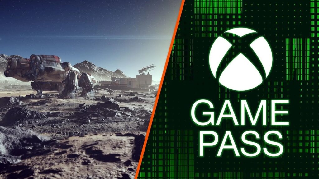 L'immagine di Starfield a sinistra con a destra il logo di Xbox Game Pass