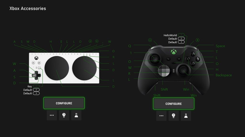 Un Adaptive Controller ed un Xbox Elite Controller con la mappatura dei tasti della tastiera