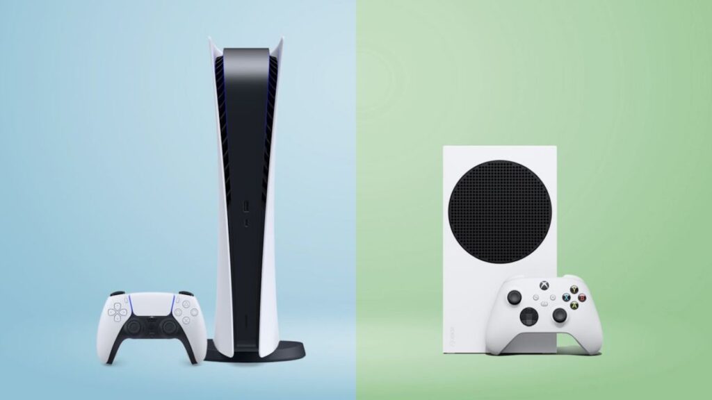 Una PS5 in verticale con al fianco una Xbox Series S in verticale