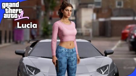 gta 6 personaggio femminile lucia e nello sfondo una lamborghini