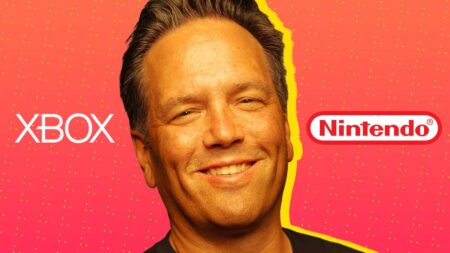 Phil Spencer su sfondo rosso con logo xbox e nintendo