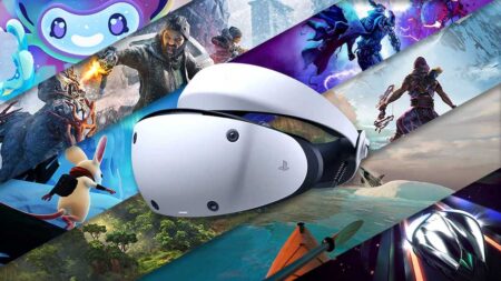Il PlayStation VR2 con dietro dei giochi