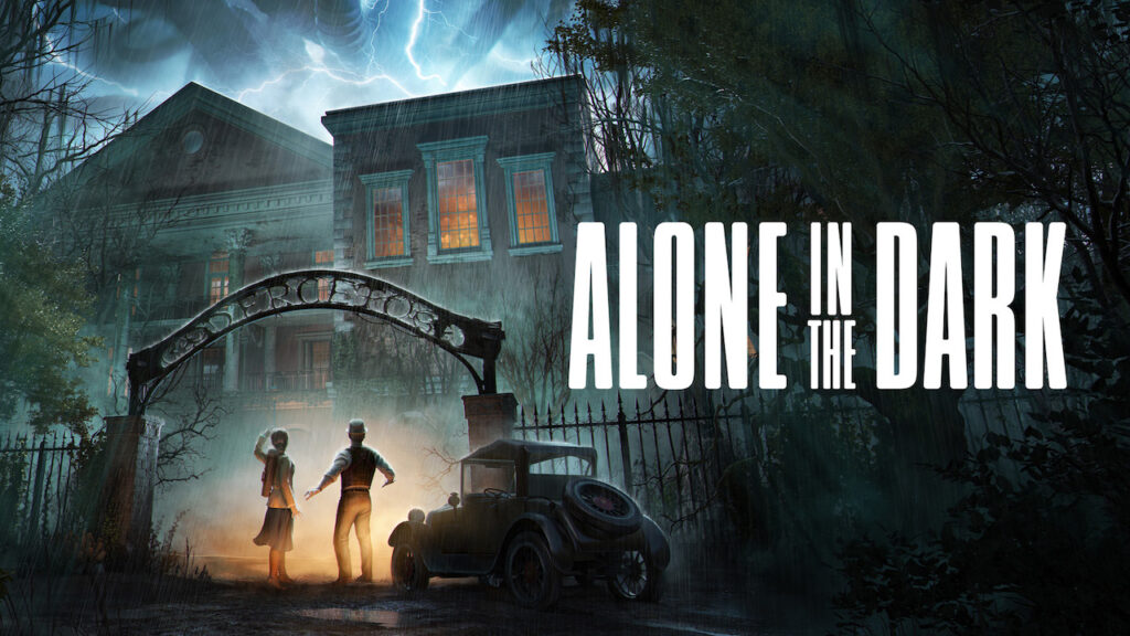 Il logo di Alone In The Dark con sullo sfondo due personaggi