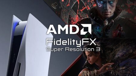 Il logo di AMD FRS con una PS5 sullo sfondo