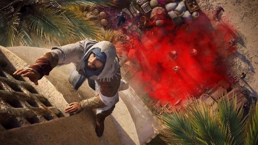 Basim di Assassin's Creed Mirage mentre si arrampica su un edificio