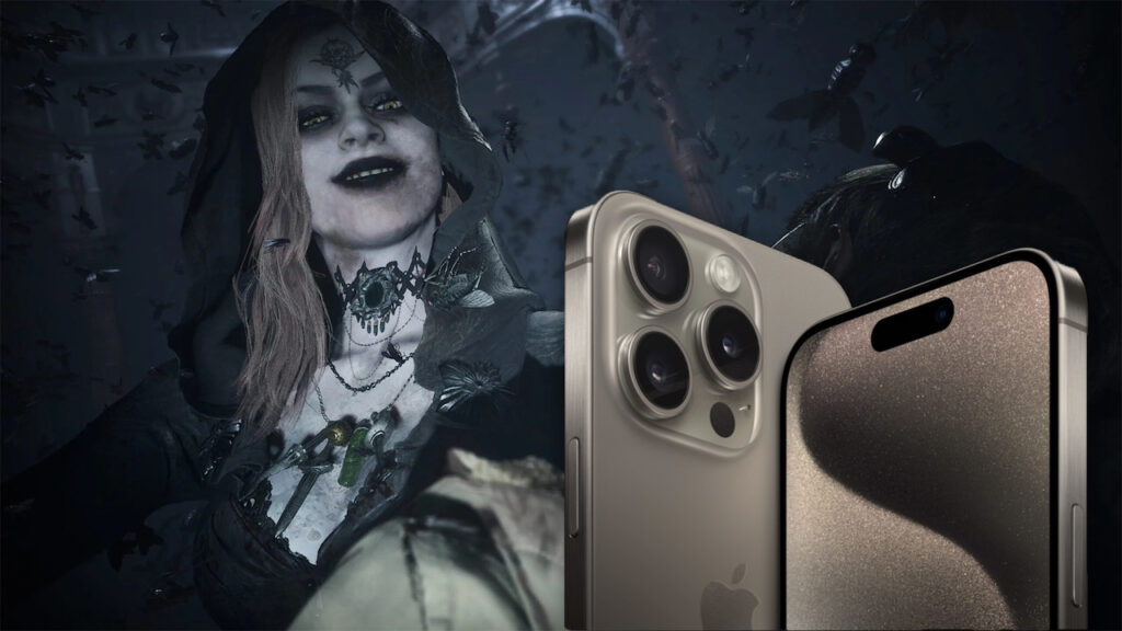 Un iPhone 15 Pro con uno sfondo nero ed una vampira di Resident Evil Village