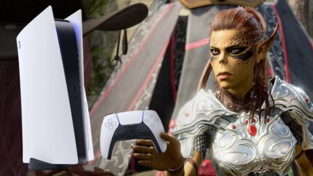 Un personaggio di Baldur's Gate 3 con al fianco una PS5