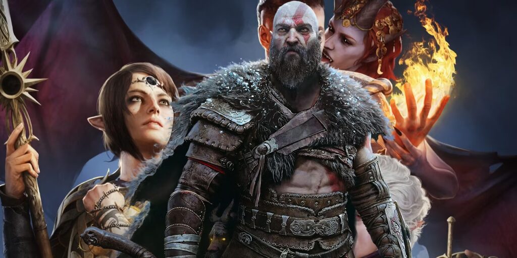 Kratos di God of War con dietro dei personaggi di Baldur's Gate 3