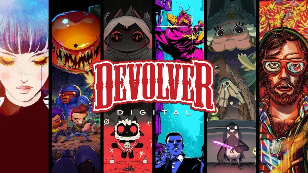 Il logo di Devolver Digital con alcuni giochi sullo sfondo