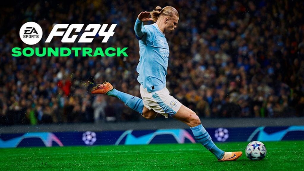 Haaland che calcia un pallone con il logo della soundtrack di EA Sports FC 24