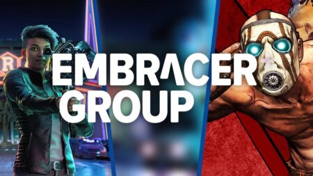 Il logo di Embracer Group con sullo sfondo dei personaggi