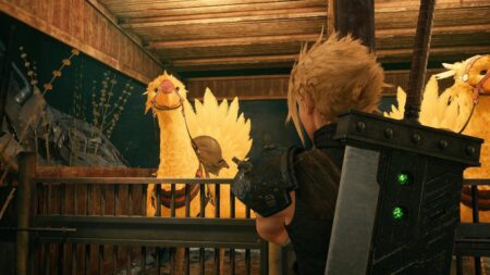 Cloud di Final Fantasy 7 Rebirth con un Chocobo davanti