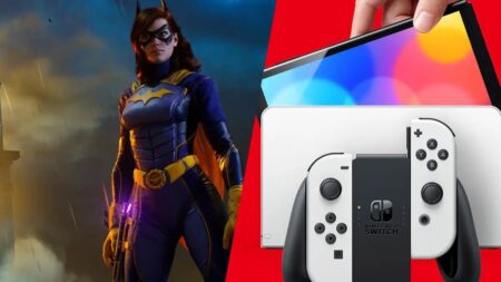 Catwoman di Gotham Knights con al fianco una Nintendo Switch modello OLED