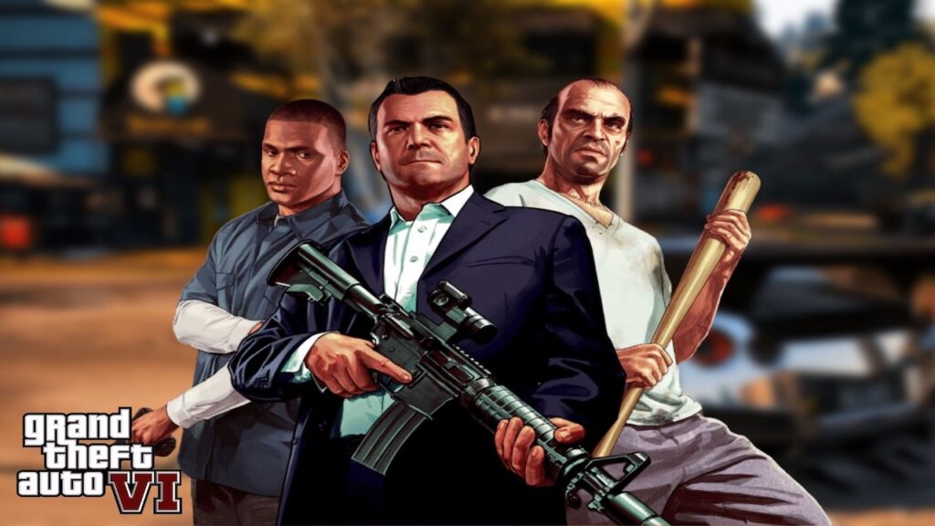 I tre protagonisti di GTA 5 con il logo di GTA 6 in basso a sinistra