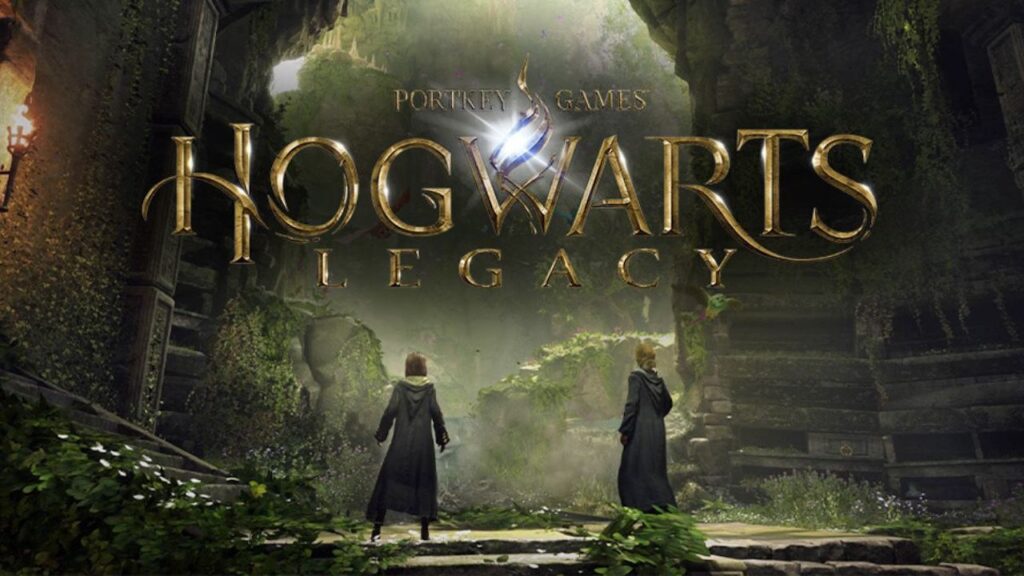 Due personaggi di Hogwarts Legacy con in risalto il logo del gioco