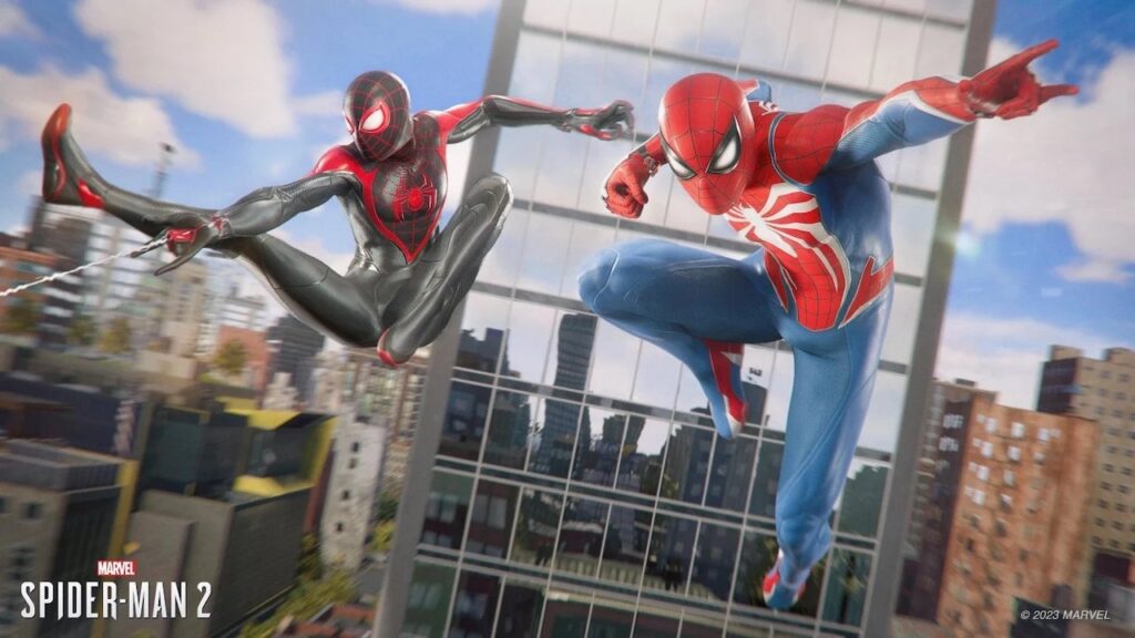 I due Uomini Ragno di Marvel's Spider-Man 2 in cielo
