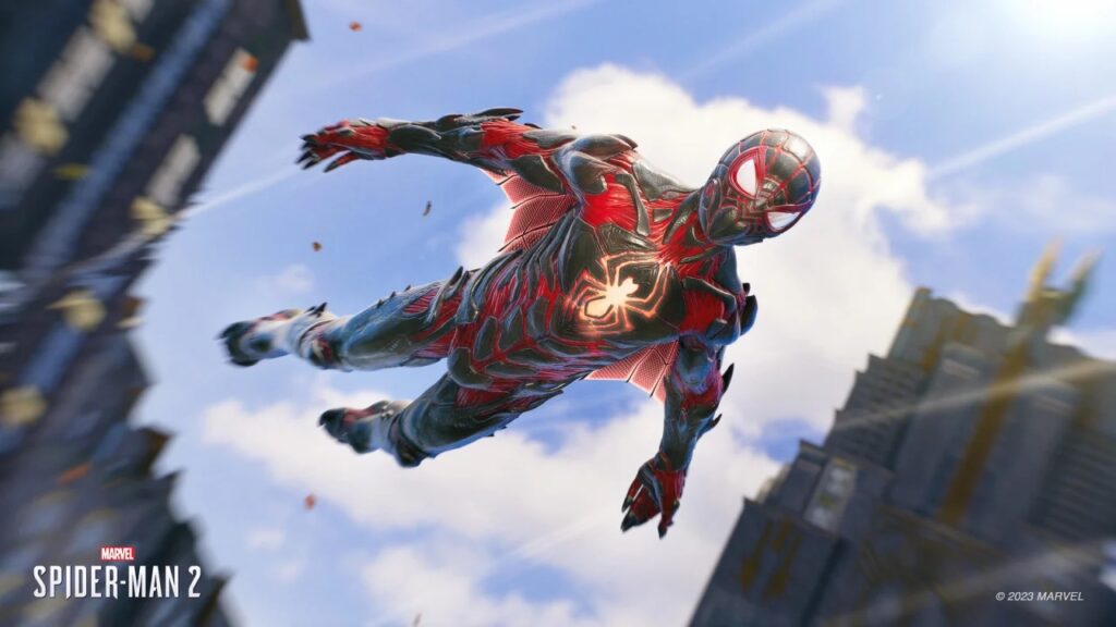 Spider-Man di Marvel's Spider-Man 2 in cielo