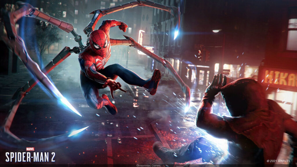 L'uomo ragno di Marvel's Spider-Man 2 mentre combatte un nemico