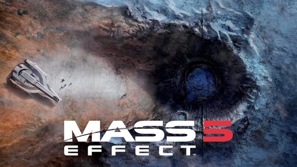 Il logo di Mass Effect 5 con dietro un'astronave