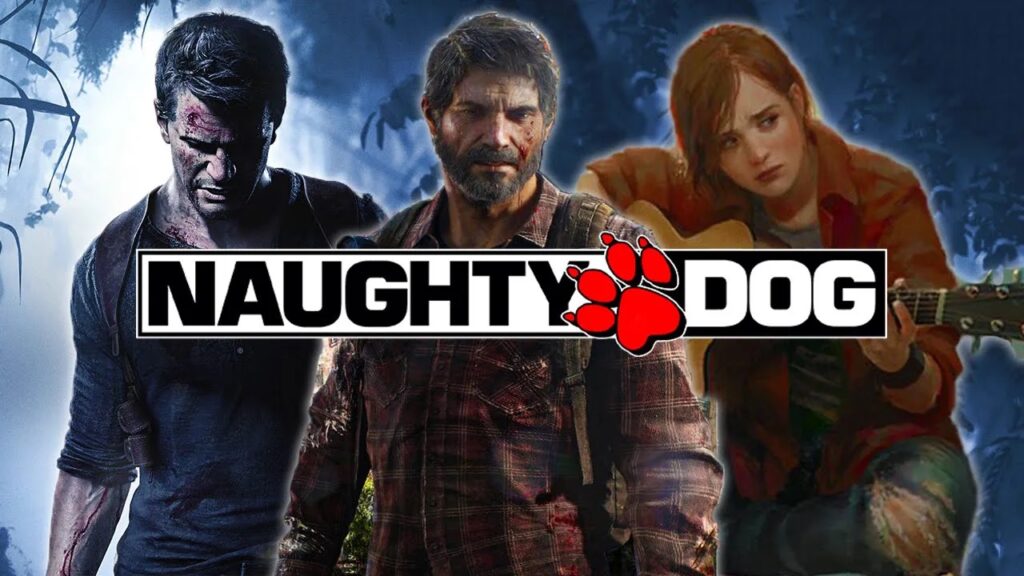 Il logo di Naughty Dog con i personaggi principali sullo sfondo